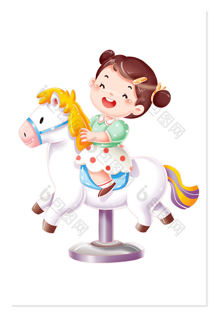 卡通儿童节小女孩骑木马游戏场景