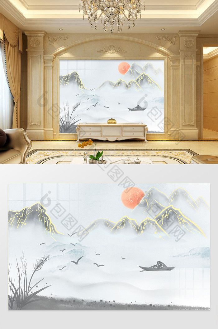 新中式山水鎏金背景墙图片图片