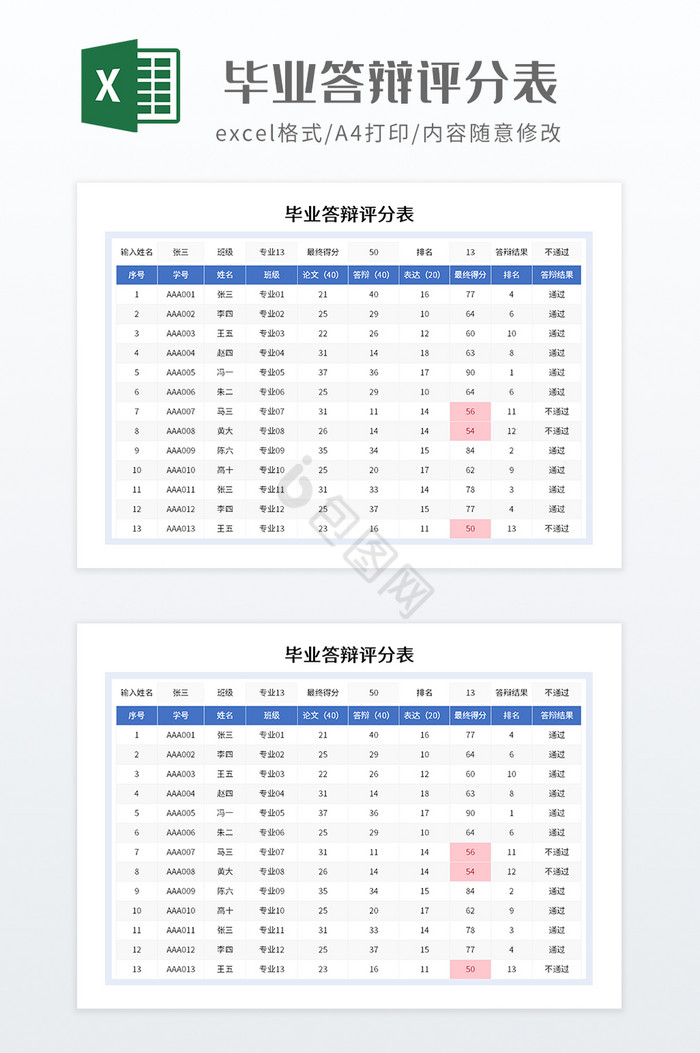 简约毕业答辩评分表