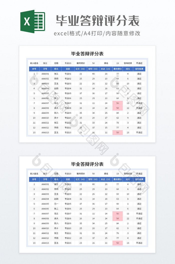 简约毕业答辩评分表