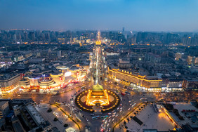 西安城市夜幕降临夜景灯光航拍图