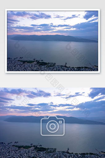 云南大理洱海清晨日出彩霞航拍图图片