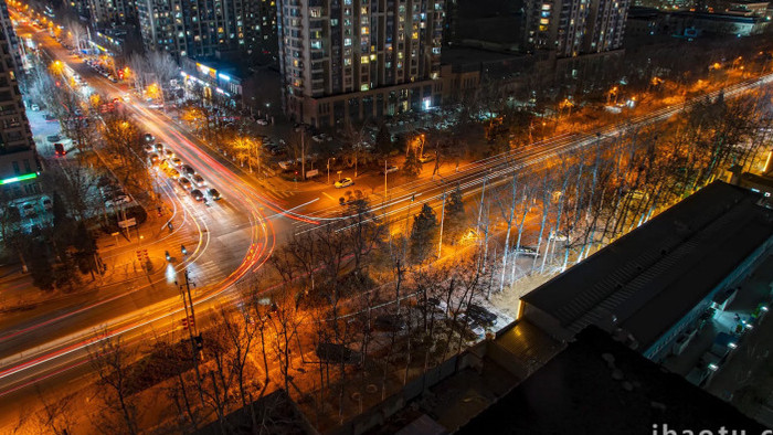 北京夜晚丁字路口车流实拍延时