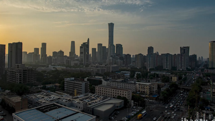 北京黄昏夕阳城市俯拍实拍延时