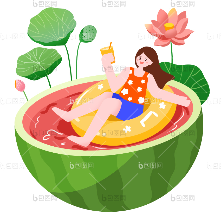 绿色西瓜女孩荷叶荷花夏日gif动图下载-包图网