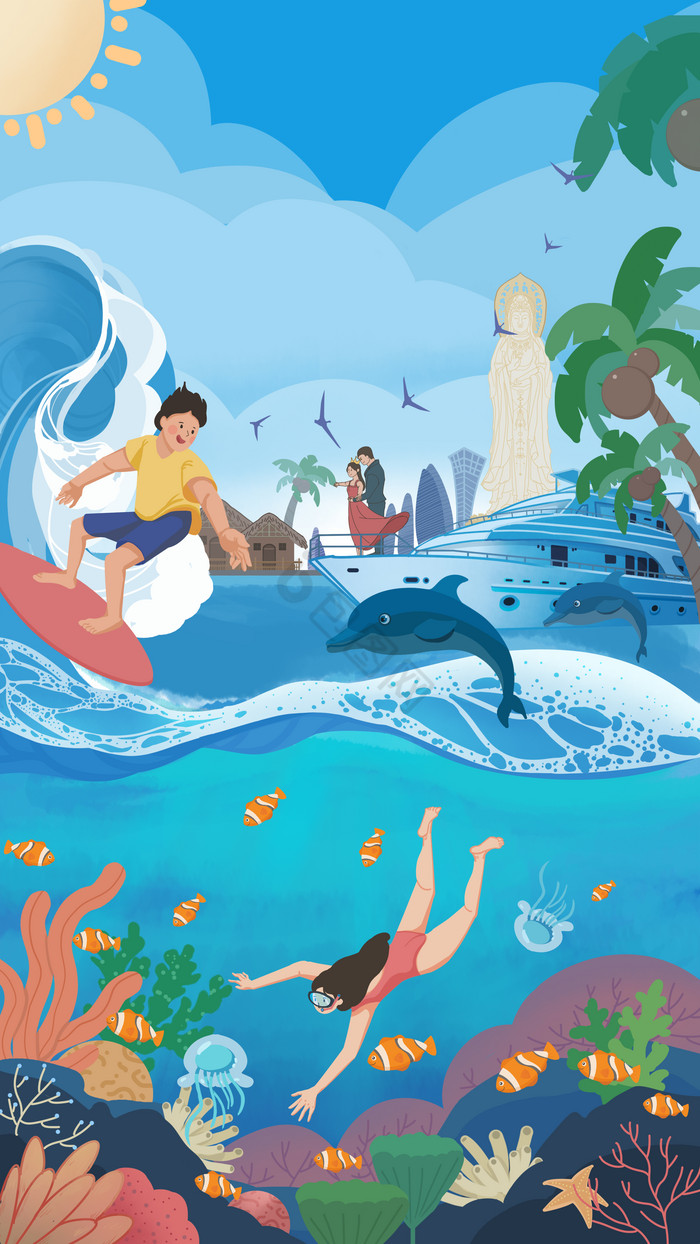 三亚热带海边旅游冲浪潜水插画图片