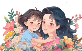 母亲节母女温馨花海手绘插画微笑