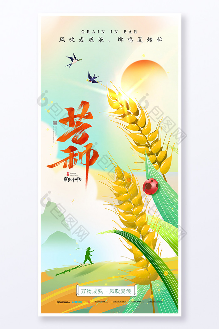 芒种节气麦子插画海报