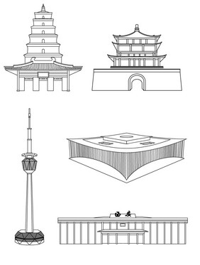 城市建筑西安地标电视塔线描AI