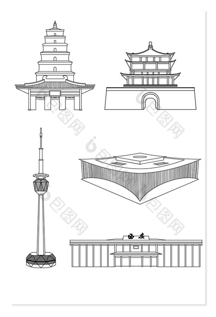 城市建筑西安地标电视塔线描AI