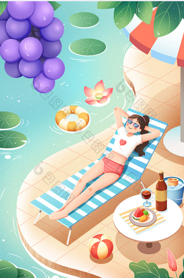 夏日泳池旅游度假插画