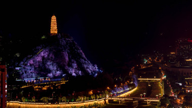 延安宝塔山古建筑夜景灯光秀延时