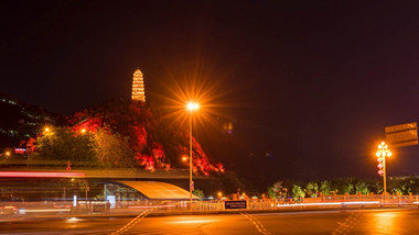 延安宝塔山建筑城市夜景交通延时