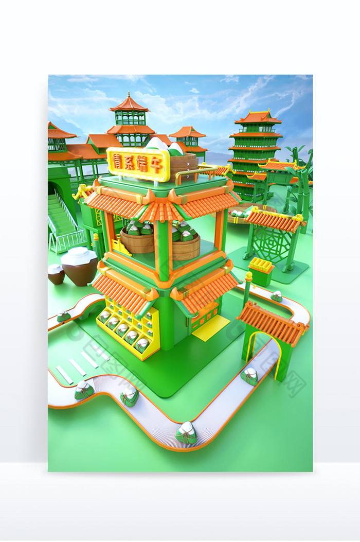 3D立体端午节粽子建筑场景图片图片