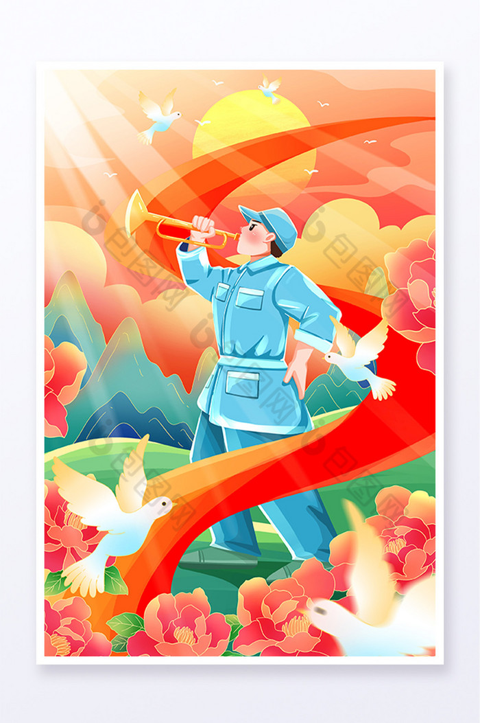党建国庆吹号角的红军插画图片图片
