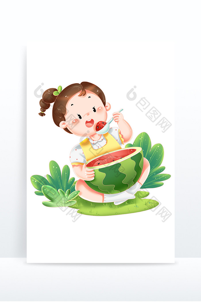 卡通儿童吃西瓜夏天节气消暑场景