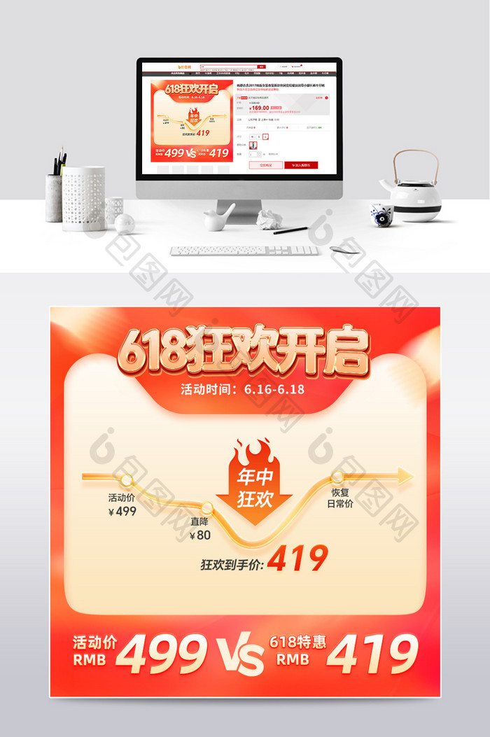 618创意价格曲线橙色狂欢主图