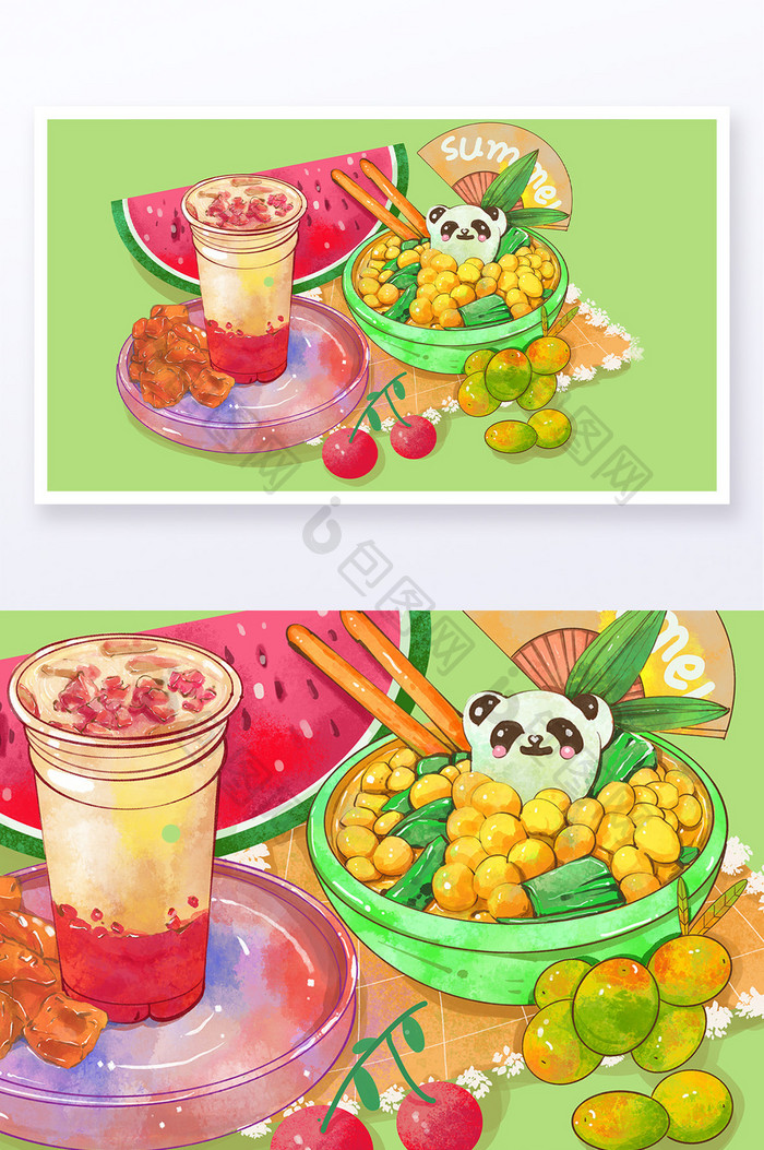 清新夏日活动夏日美食插画