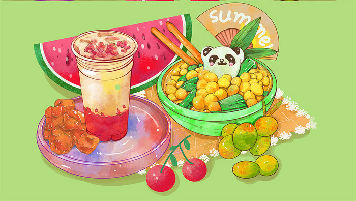 清新夏日活动夏日美食插画