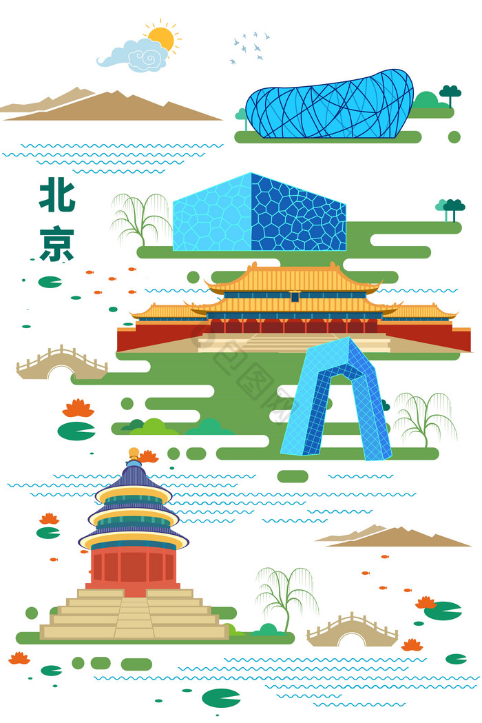 包图网提供精美好看的北京城市建筑风光地标插画素材免费下载,本次
