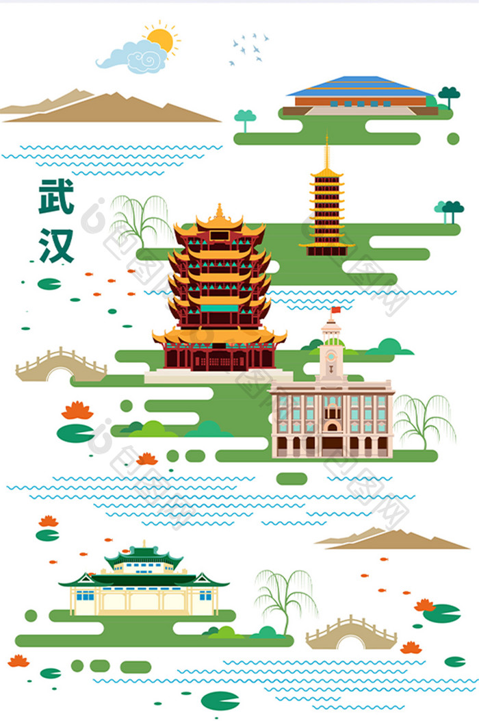 武汉城市简约建筑风光地标插画