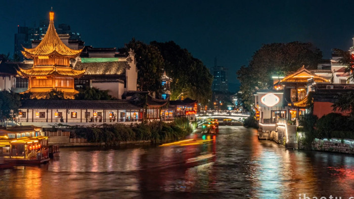 南京夫子庙秦淮河夜景延时