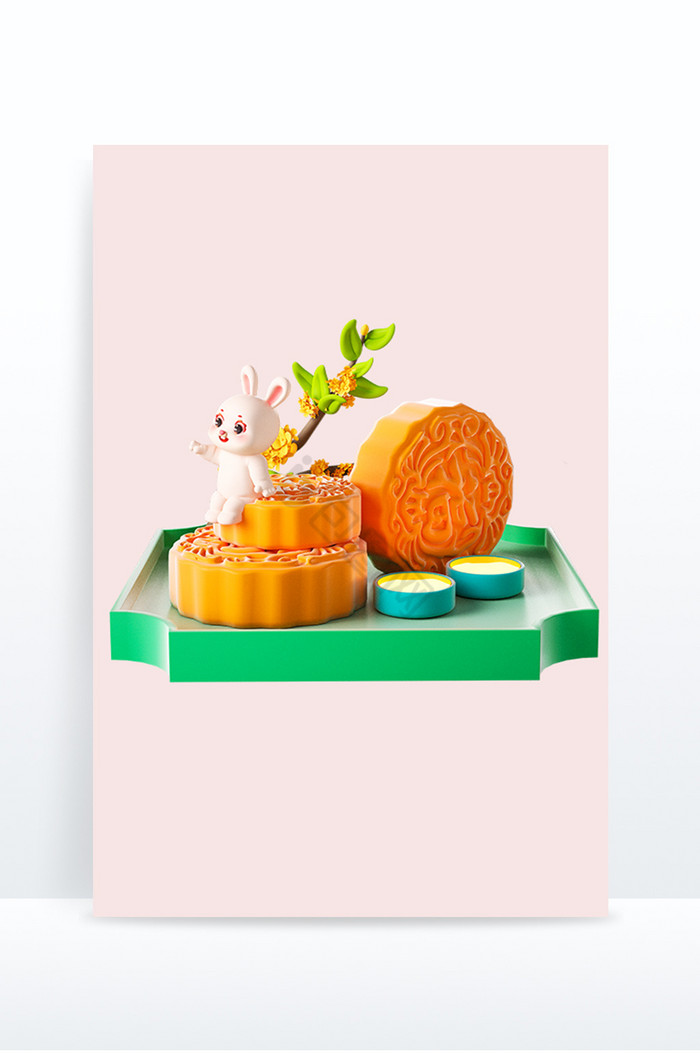 中秋节日兔子月饼桂花3D小场景图片