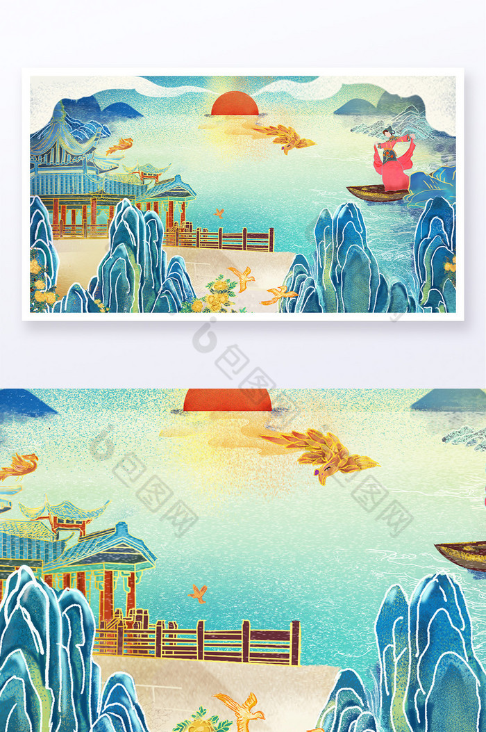 桂林山水划船建筑插画图片图片