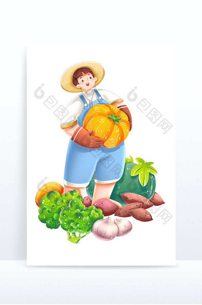 卡通秋收人物男孩抱南瓜蔬菜场景
