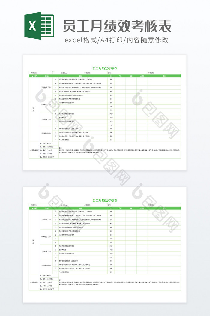 绿色调员工月绩效考核表