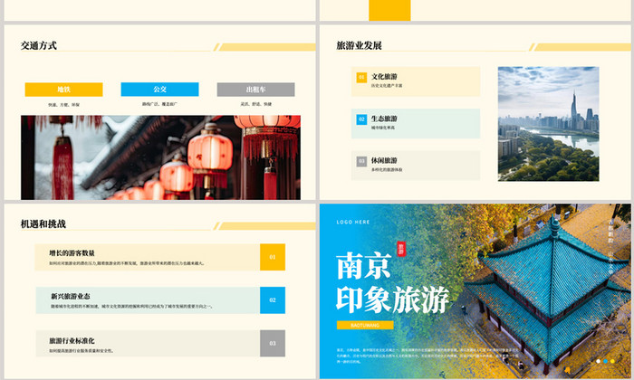 蓝黄色南京印象旅游PPT模板