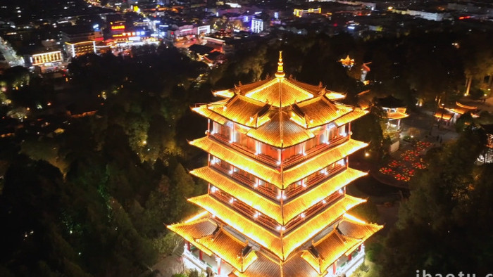 丽江地标建筑万古楼夜景航拍