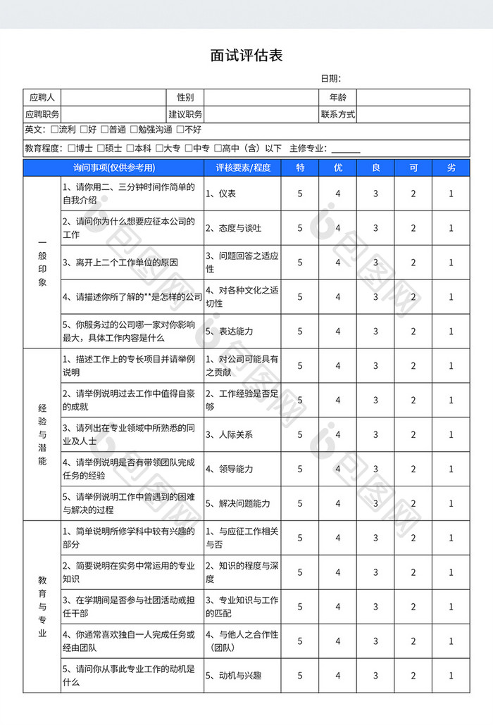 简约风格面试评估表