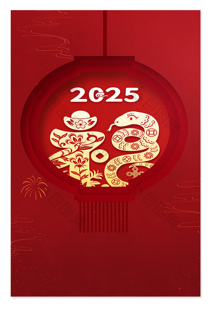 红色新年剪纸风蛇年2025背景