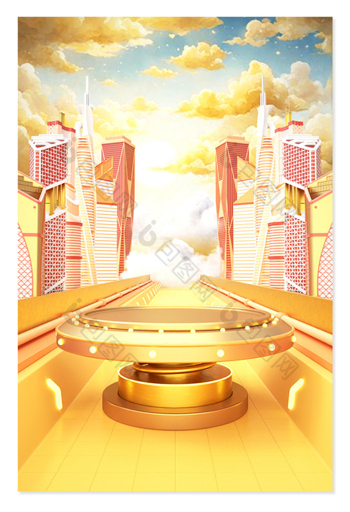 金色城市立体隧道建筑创意场景