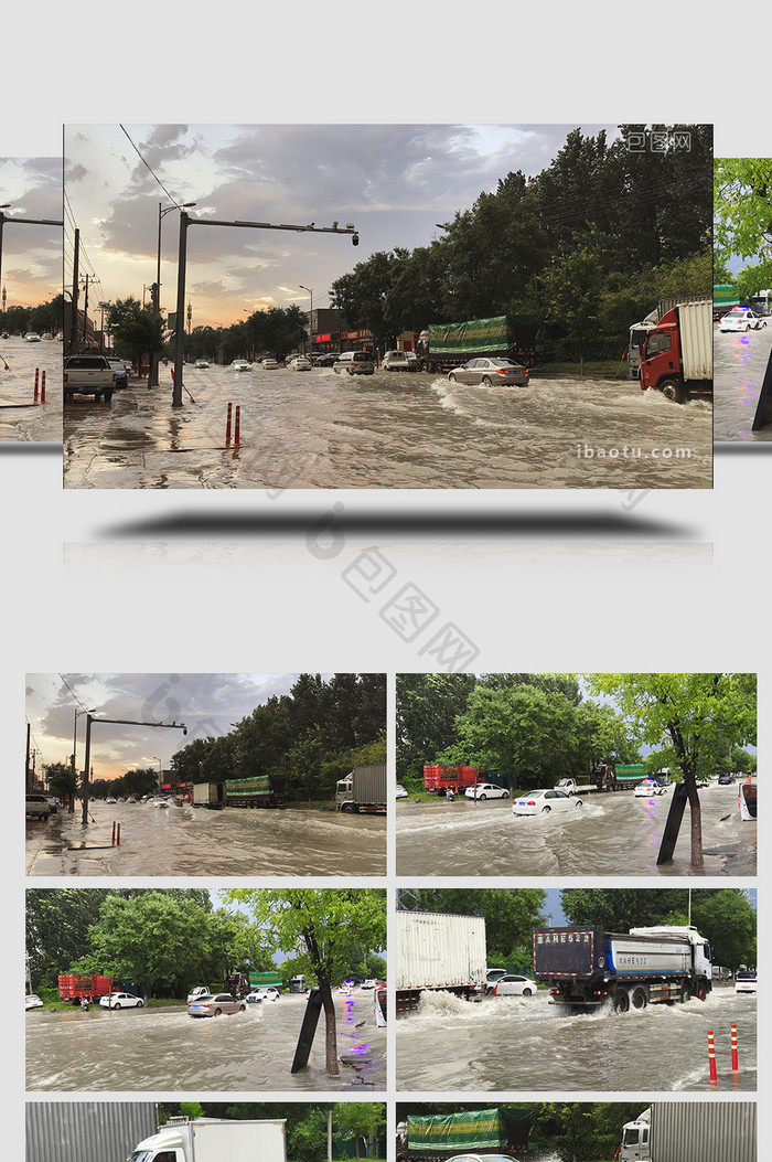 城市暴雨后灾害水淹马路实拍