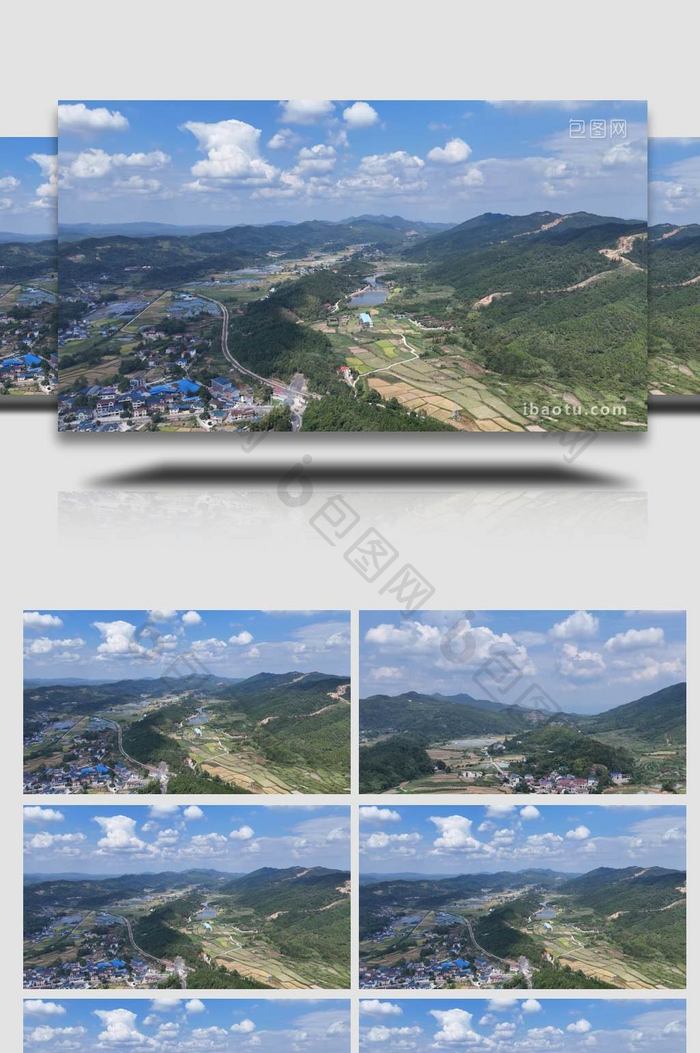 山川丘陵农田初秋景色航拍