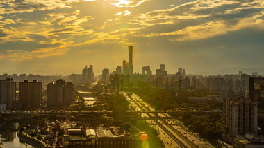 北京国贸商业区夕阳落日延时实拍