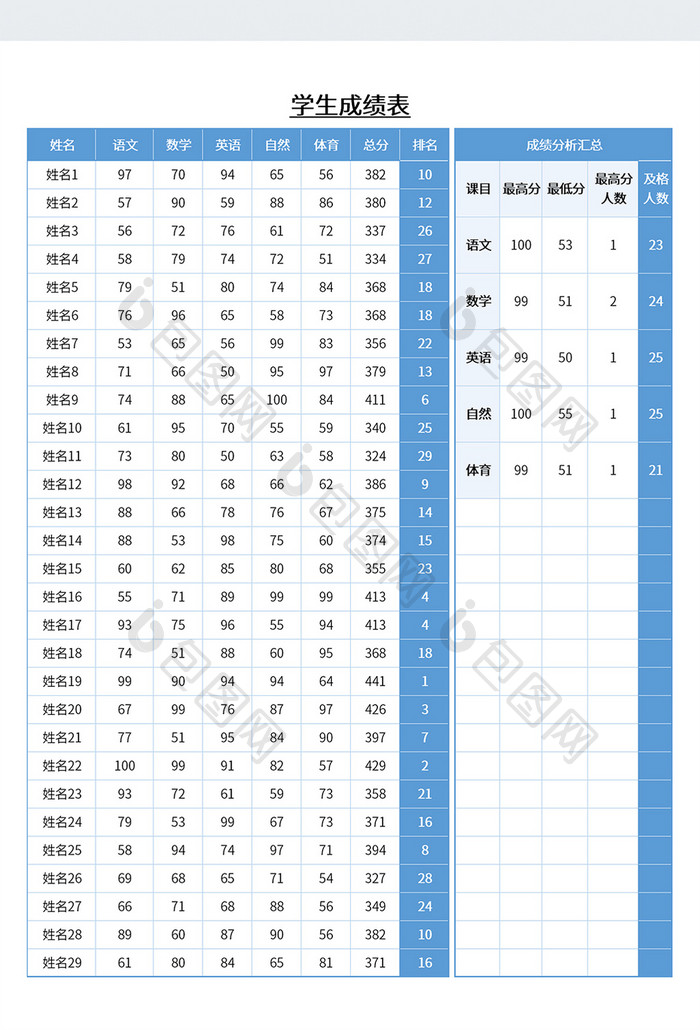 蓝色调实用风格学生成绩表