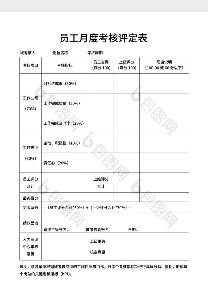 员工月度考核评定表Word模板