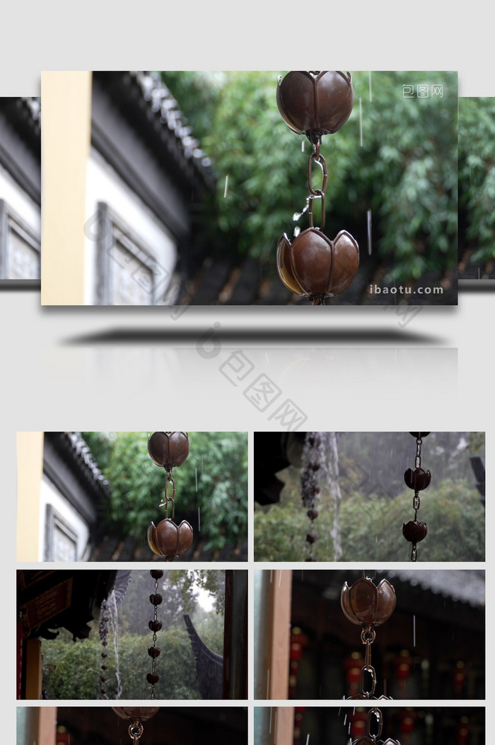 中国风禅意雨天寺庙雨链特写实拍