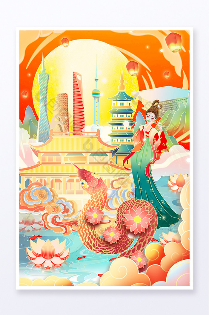 唯美高端2025新年蛇年春节插画海报