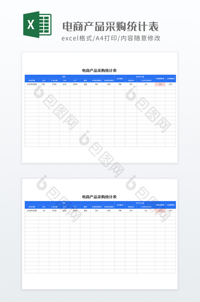 实用风格电商产品采购统计表