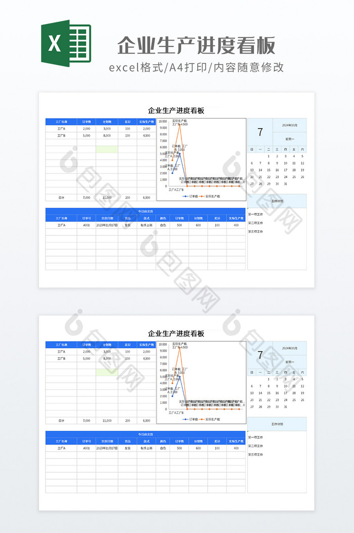 蓝色实用企业生产进度看板