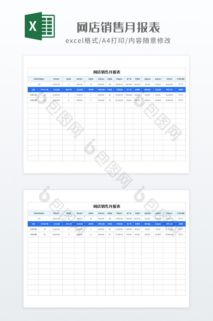 实用可查询网店销售月报表