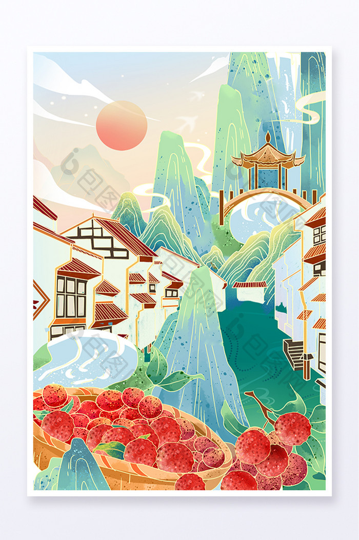 中国风国潮国风场景山水建筑插画海报