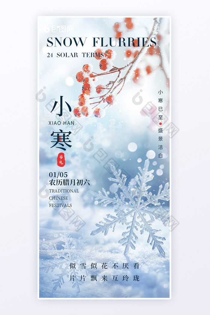 小寒传统二十四节气雪花冬日创意海报