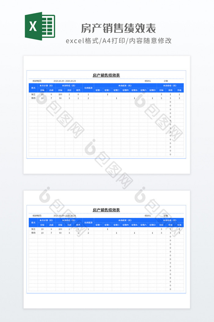 蓝色调实用房产销售绩效表