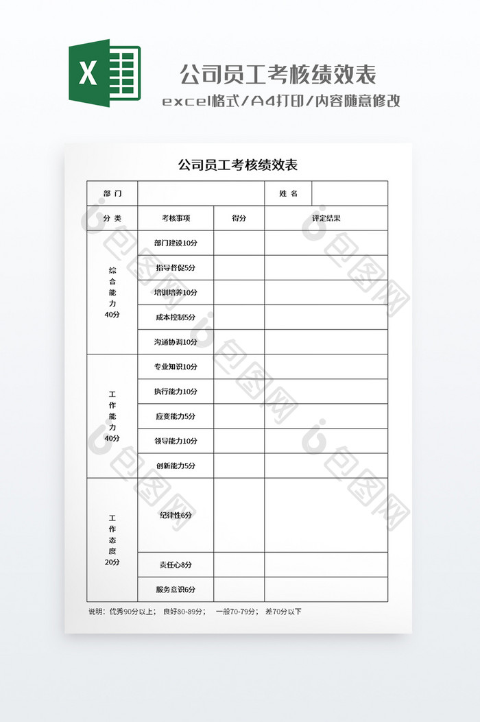 简约风格公司员工考核绩效表