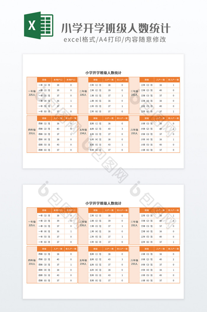 橙色调小学开学班级人数统计图片图片